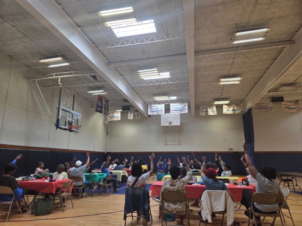 Senior participants engaged in the wellness workshop at Kennedy Memorial Park
